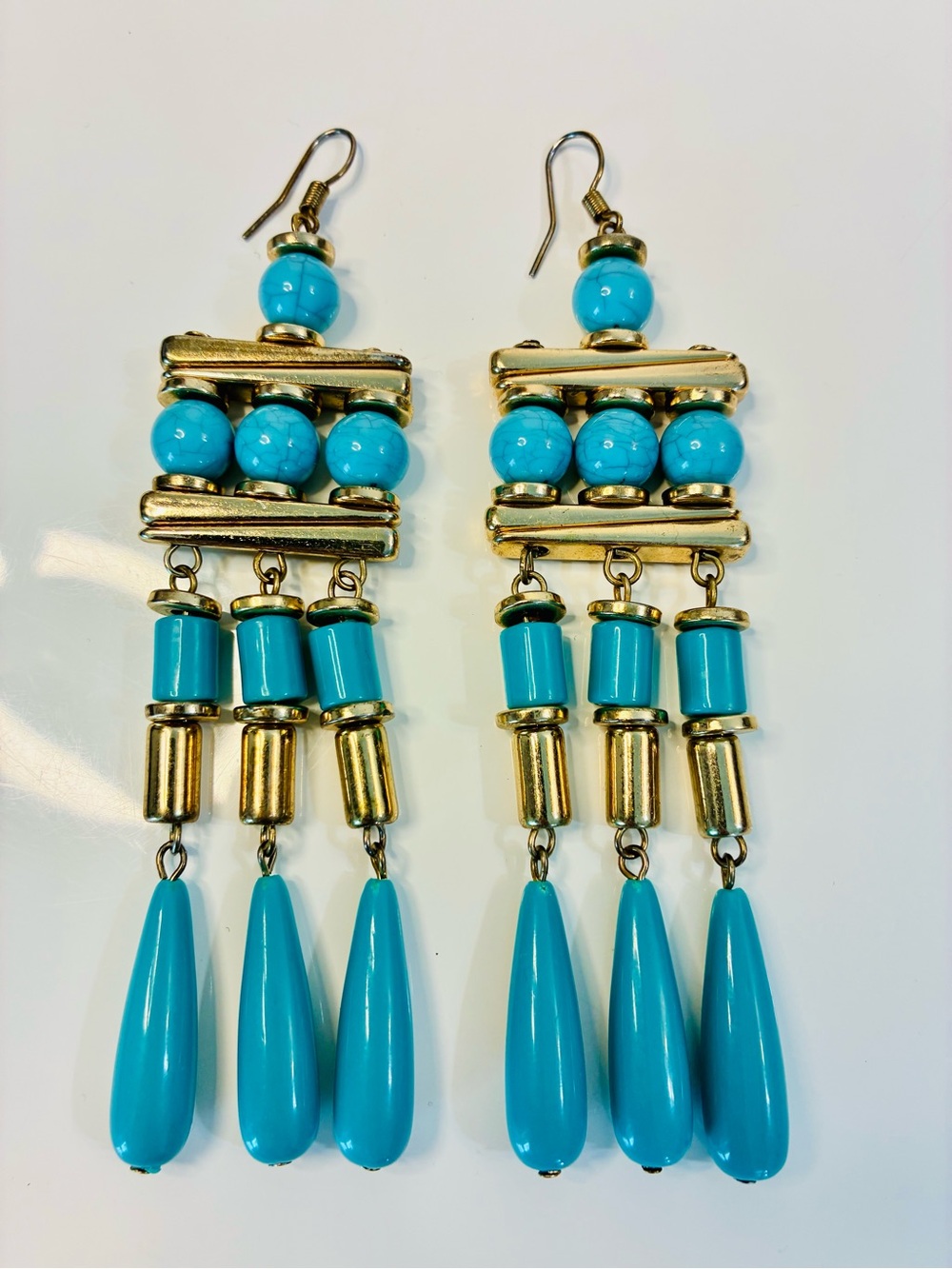 Boho Chic Multi-tier Turquoise & GLD Beaded Fringe Drop Chandelier Earrings LONG